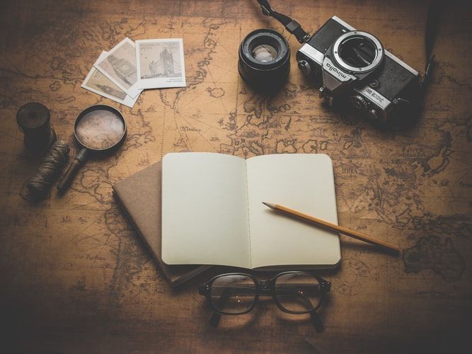 picture of an open diary on an ancient map background, surrounded by a camera, a magnifying glass, glasses and black and white polaroid pictures